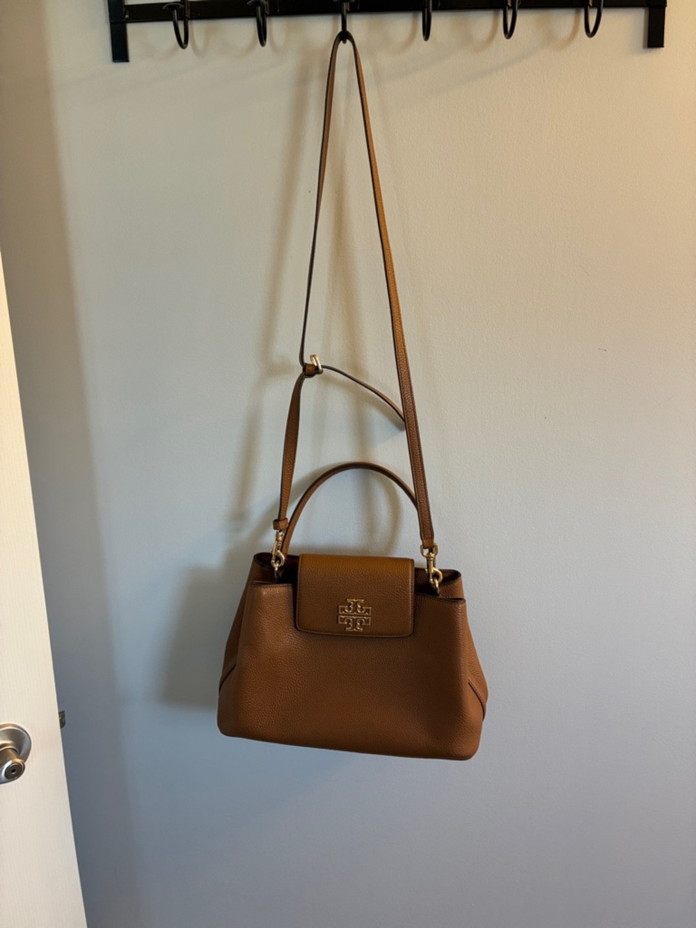 Tory Burch Cognac Pebbled Leather Top-Handle Satchel with Gold Logo